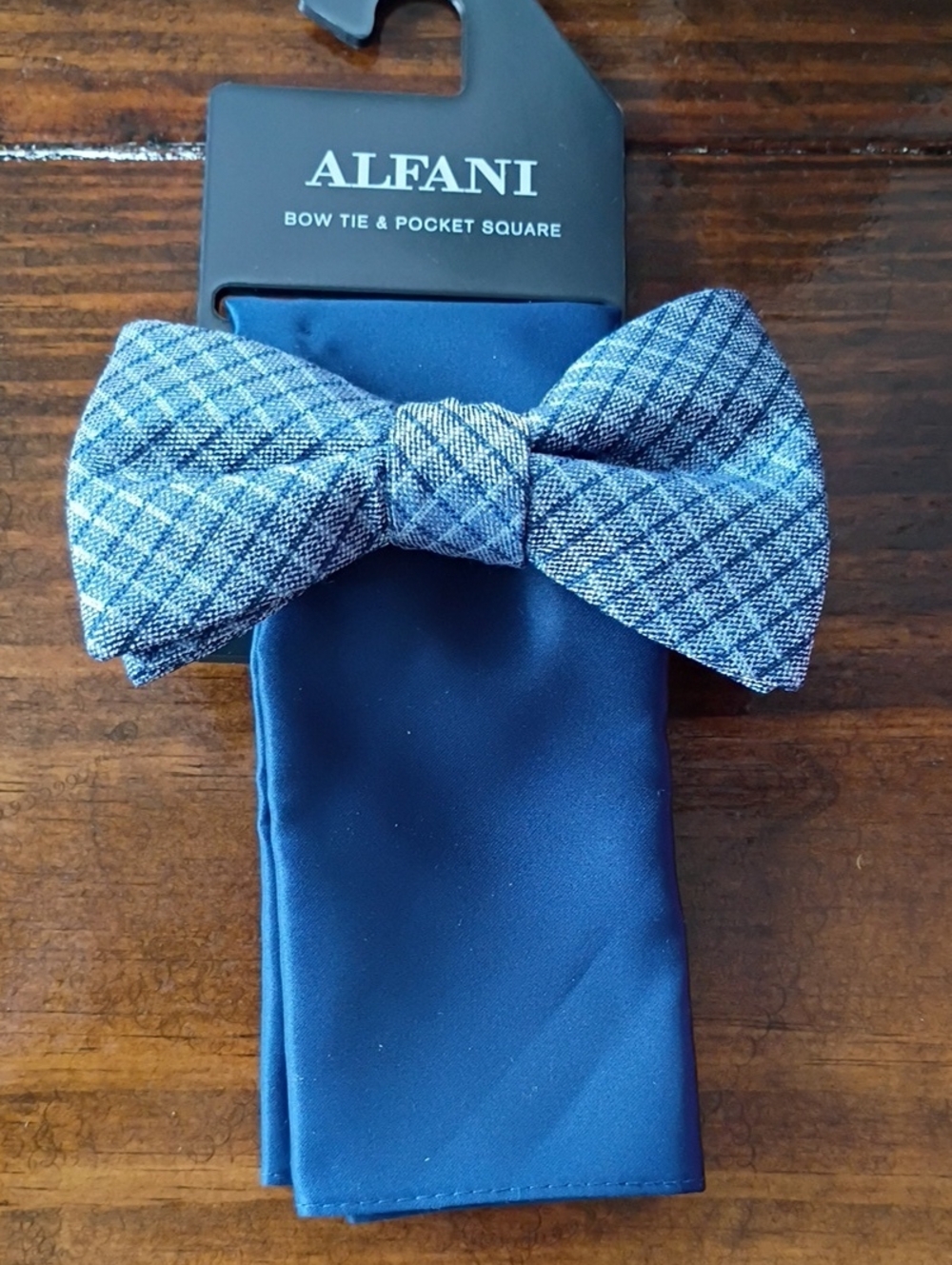 Alfani Blue Plaid Bow Tie with Solid Navy Pocket Square